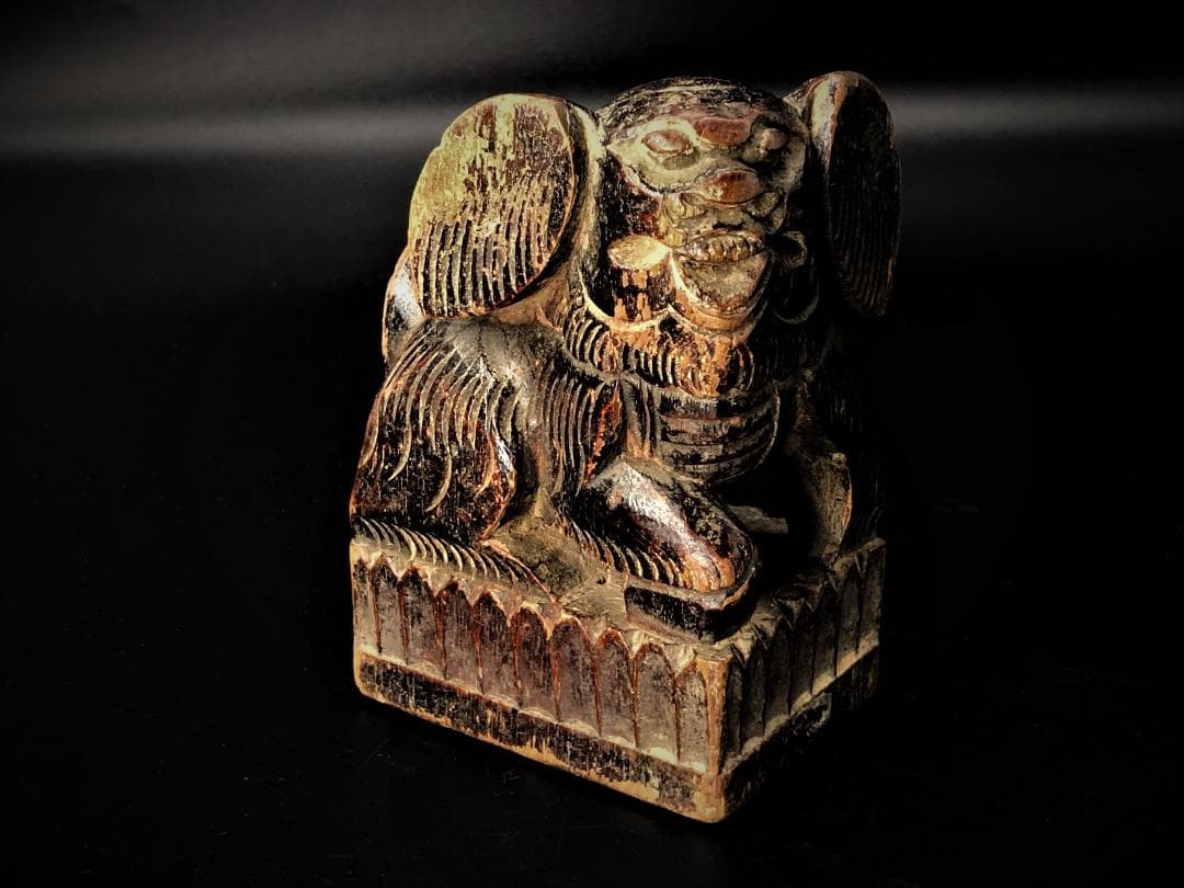 【 木彫玉獅子 元～明代 】　木鼻/柱頭　鑑定蝋印付　中華古玩　　L0205C