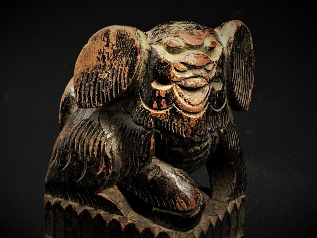 【 木彫玉獅子 元～明代 】　木鼻/柱頭　鑑定蝋印付　中華古玩　　L0205C