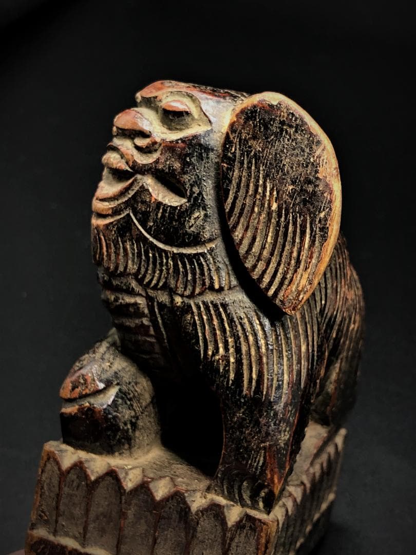 【 木彫玉獅子 元～明代 】　木鼻/柱頭　鑑定蝋印付　中華古玩　　L0205C