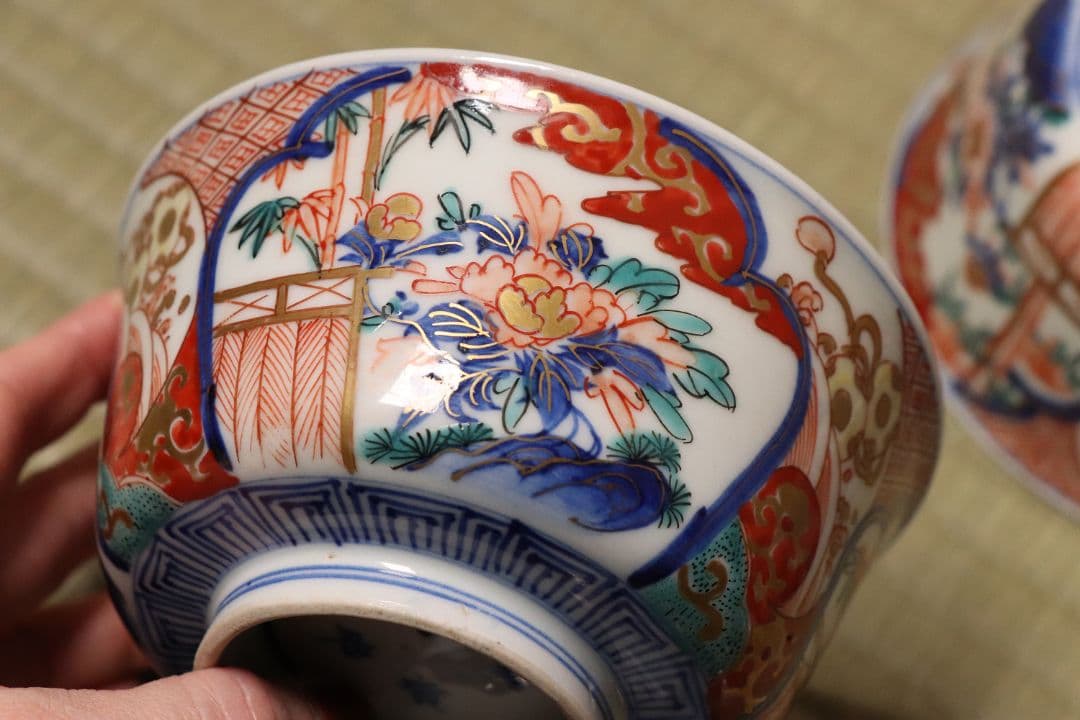 明治期 伊万里焼 冨貴長春 色絵蓋茶碗 五客 牡丹 草花 時代【CM54】