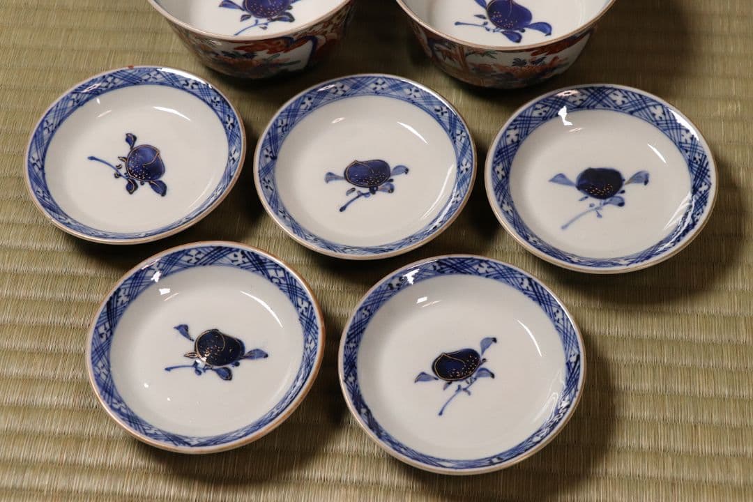 明治期 伊万里焼 冨貴長春 色絵蓋茶碗 五客 牡丹 草花 時代【CM54】