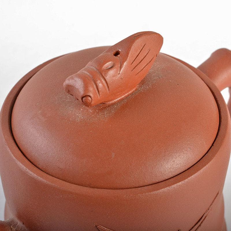 中国　紫砂　朱泥　竹文　蝉摘　急須　茶壷　在銘　C　R6164