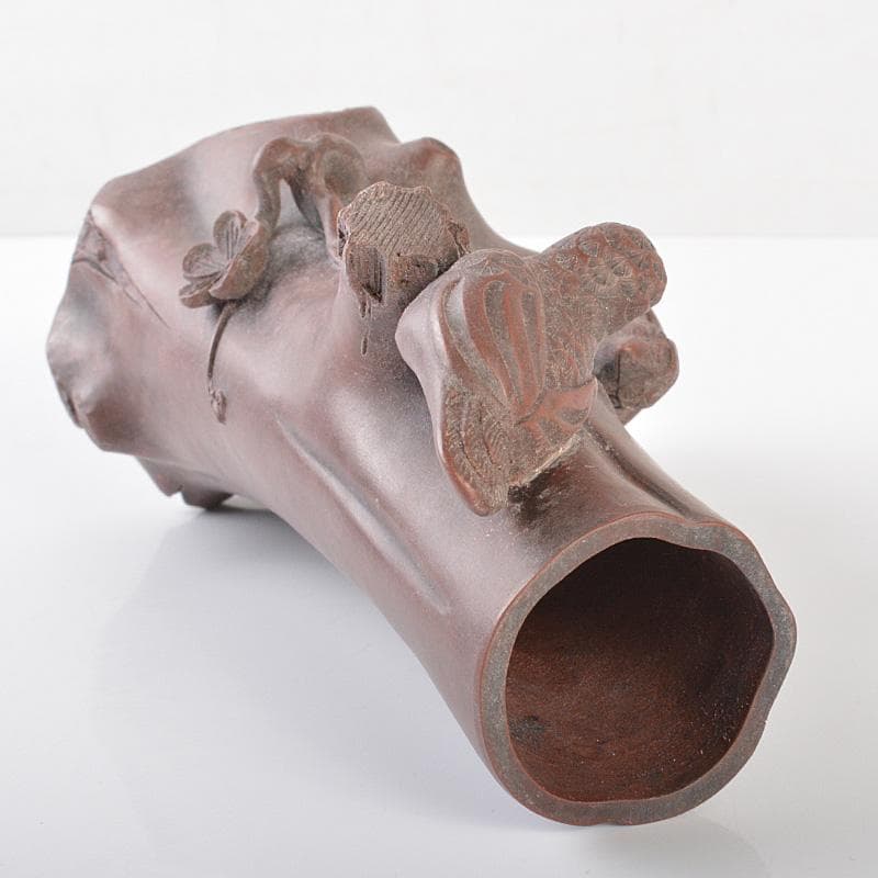 中国　紫砂　朱泥　梅に鳥彫　花瓶　在銘　V　R6460