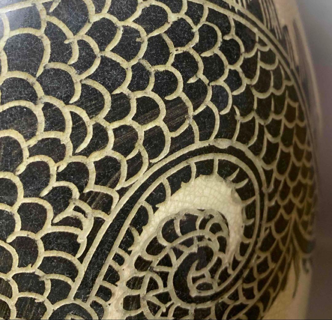 中国 磁州窯写白地黒龍梅瓶　f2250411