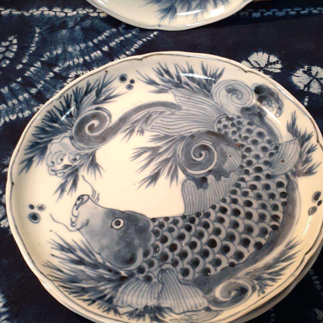 お値打ち❤️古伊万里　跳ね鯉呉須６寸皿５枚揃い