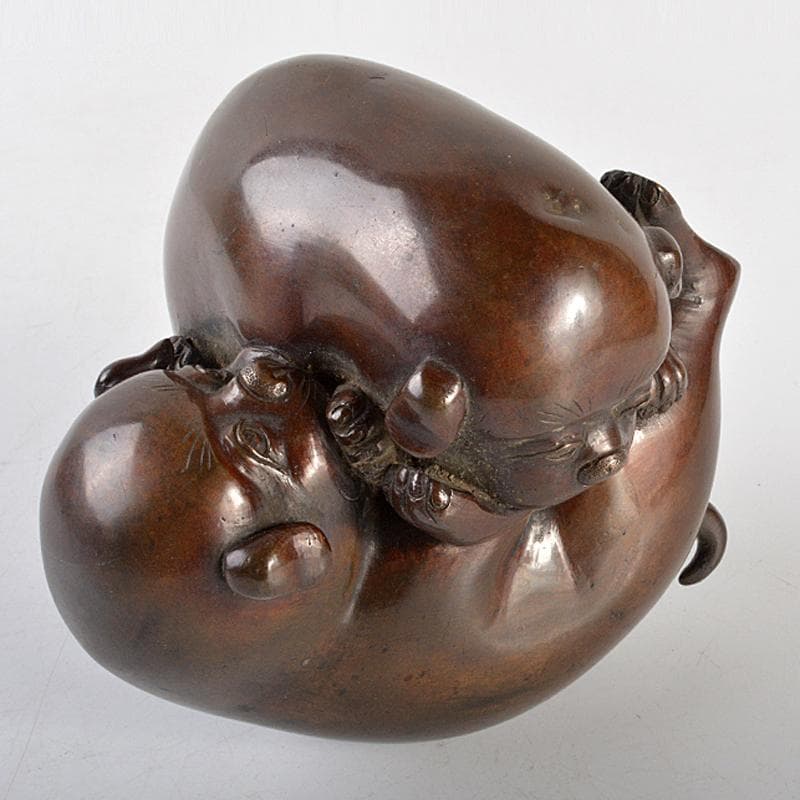 明治金工　古銅　子犬　双犬　置物　G　R6994