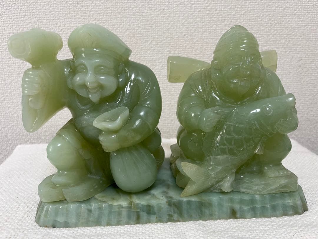 翡翠 玉 緑石 恵比寿 大黒天 2体 台座付 中国 七福神 3.7kg 像 置