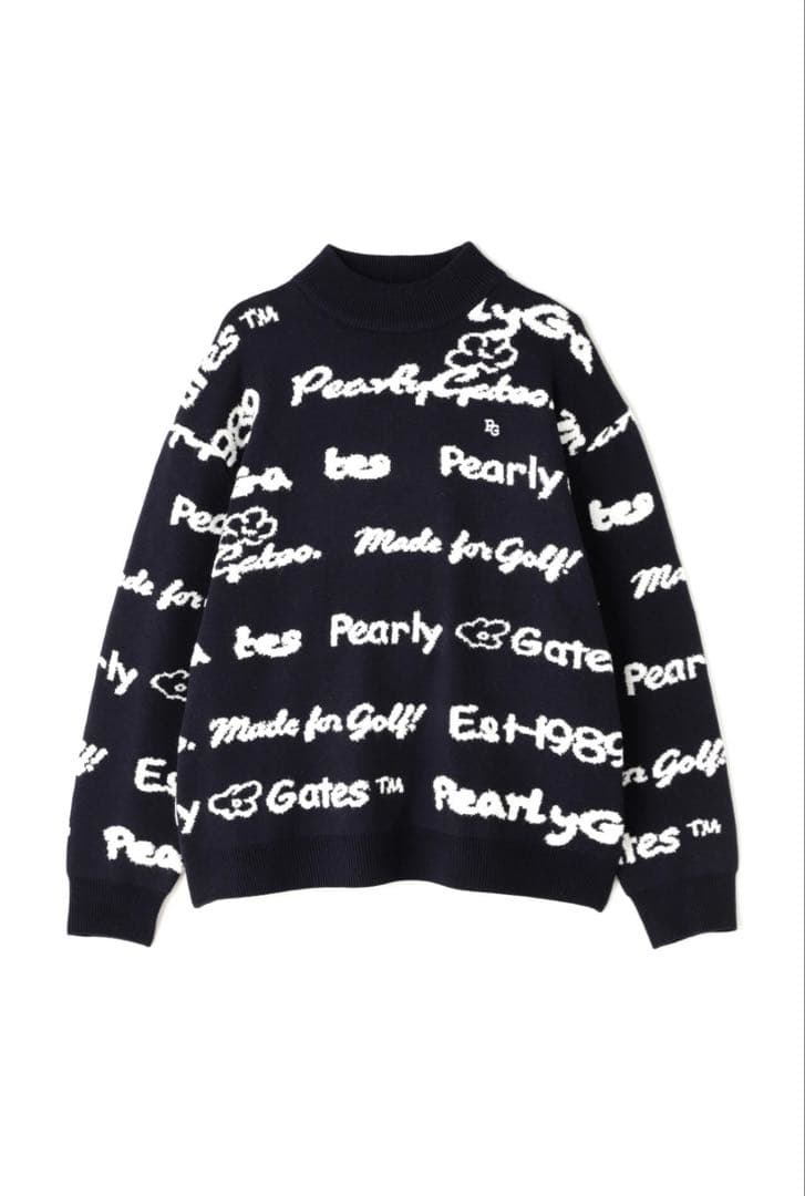 PEARLY GATES 天竺×ロゴインターシャ モックネックニットプルオーバー