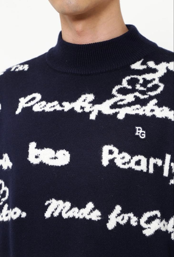 PEARLY GATES 天竺×ロゴインターシャ モックネックニットプルオーバー