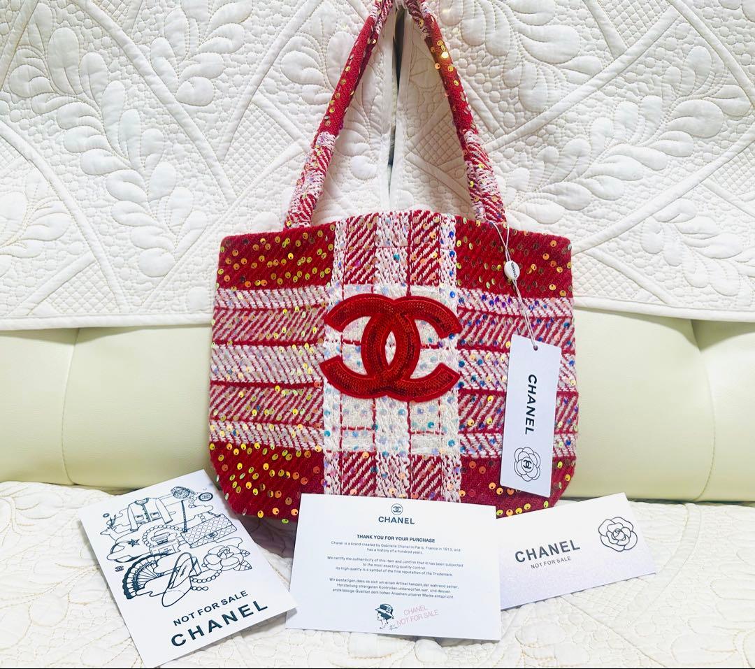 CHANELシャネル☆ノベルティ新品未使用ツイードトートバッグ赤白スパンコール