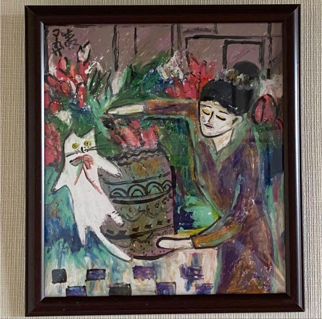絵画 。壁掛け絵【部屋の中で花瓶を片付ける少女とかわいい白猫ちゃん】
