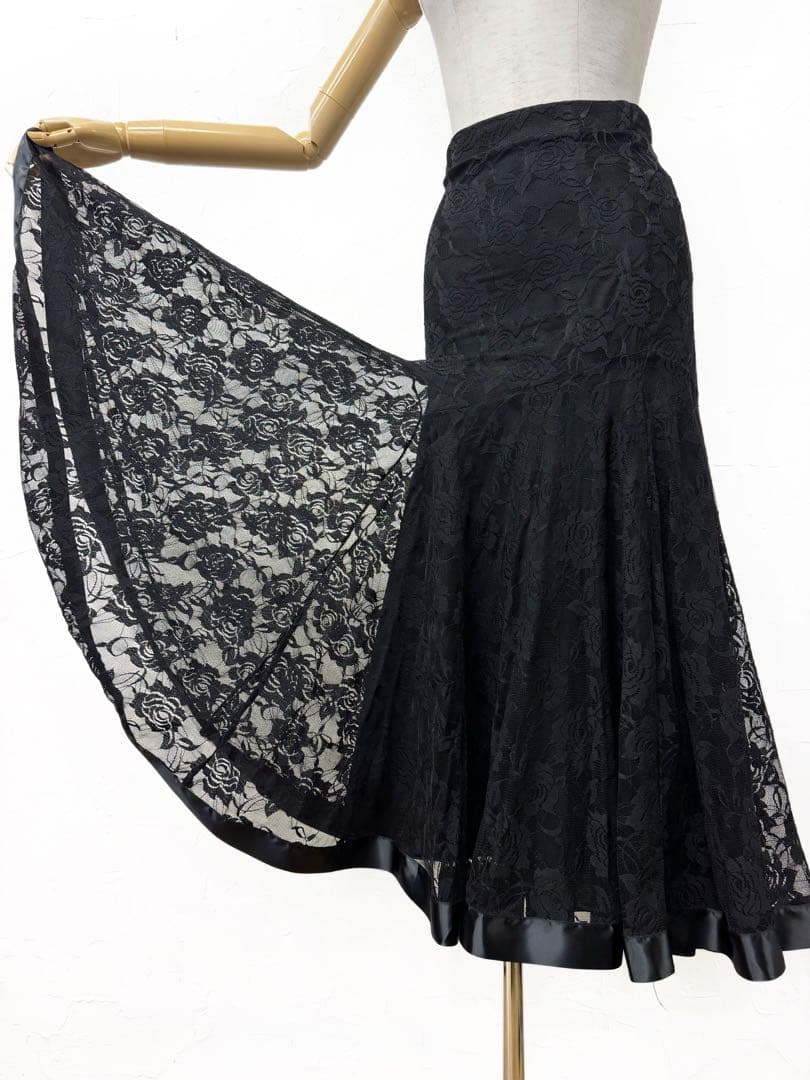 【薔薇レース】新品 社交ダンス用裾サテンテープ 黒ロングスカートb234
