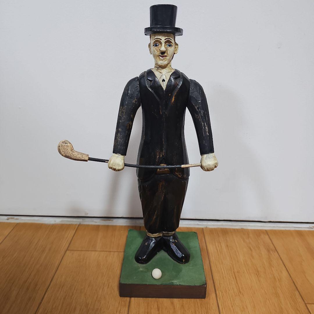 アンティーク 「ゴルファー立像」木彫り