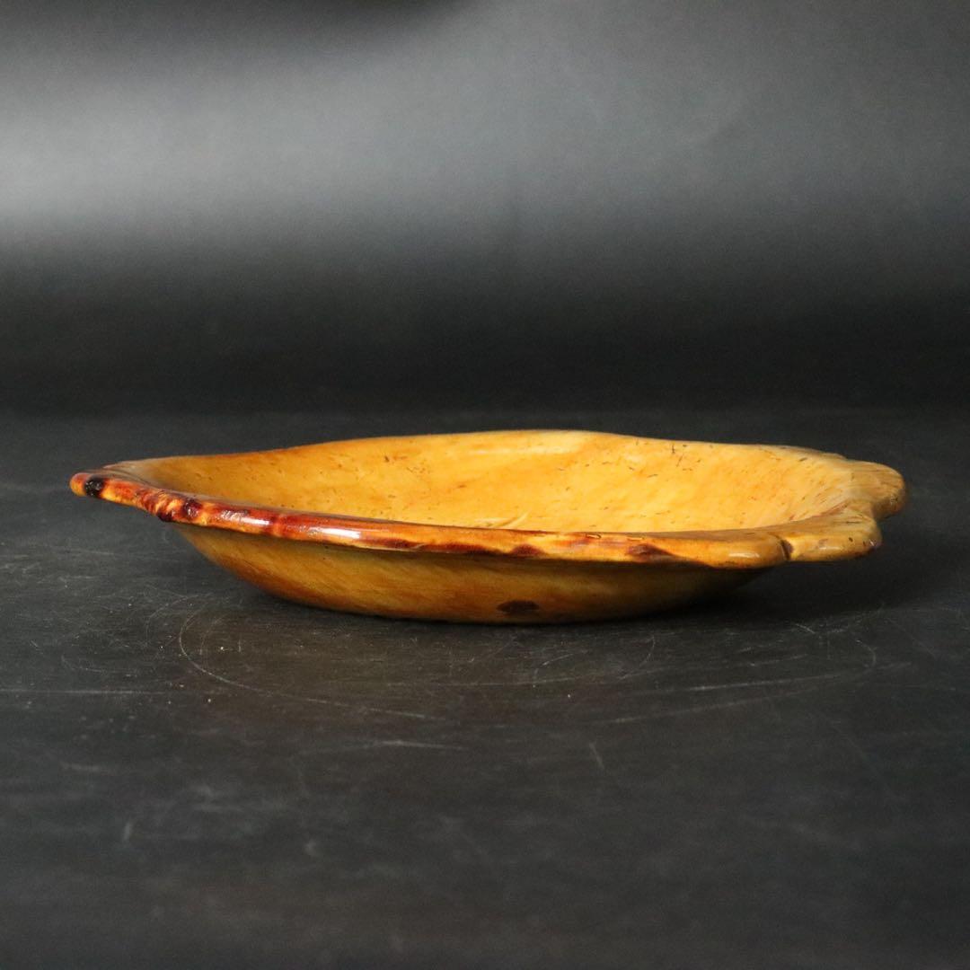 江戸時代 珉平焼 黄釉獅子図皿 木箱付 淡路焼