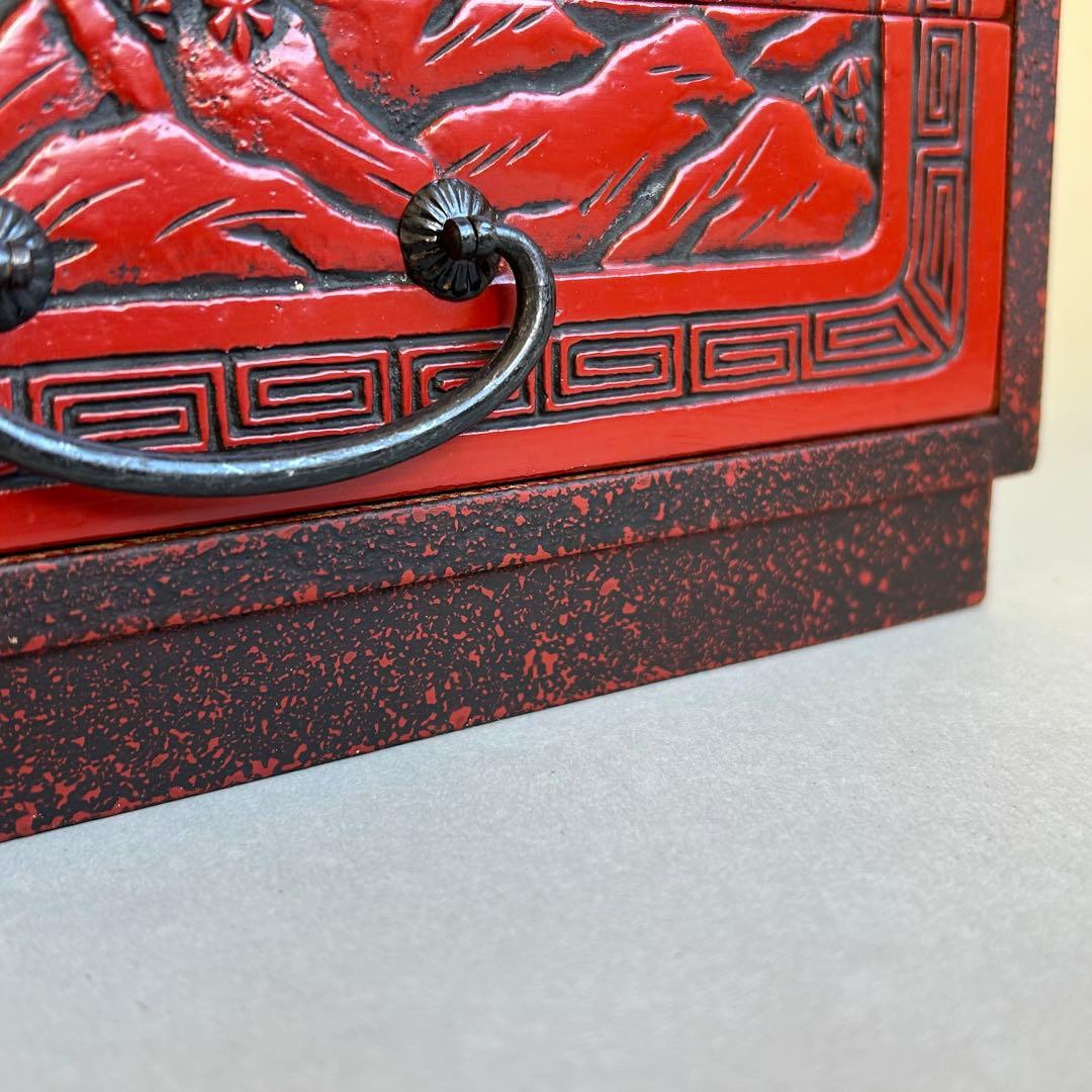 【希少】 堆朱　漆器　手彫り　引き出し 小箪笥 木製 松 伝統工芸 和箪笥 5段