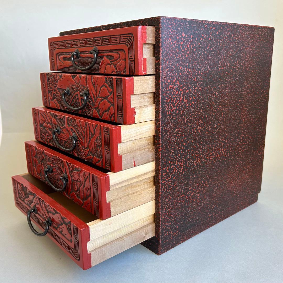【希少】 堆朱　漆器　手彫り　引き出し 小箪笥 木製 松 伝統工芸 和箪笥 5段