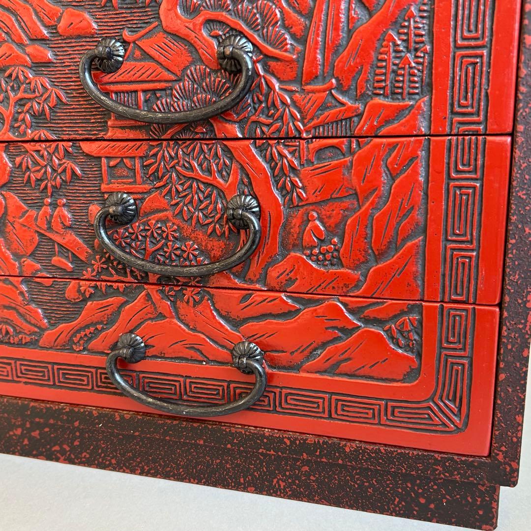【希少】 堆朱　漆器　手彫り　引き出し 小箪笥 木製 松 伝統工芸 和箪笥 5段