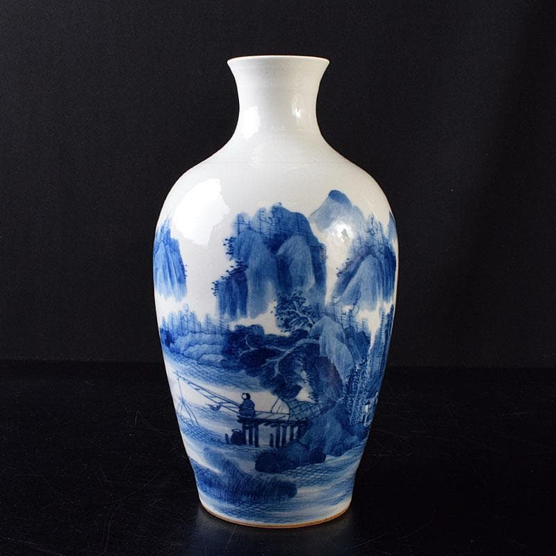 中国　大清康熙年製　青花　山水人物文　花瓶　壷　時代箱　M　R8748