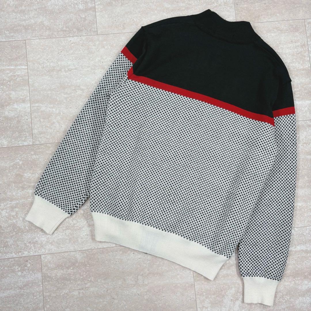 【タイトリスト】ニットブルゾン　セーター　黒x白x赤　裏地蓄熱　ダブルジップ