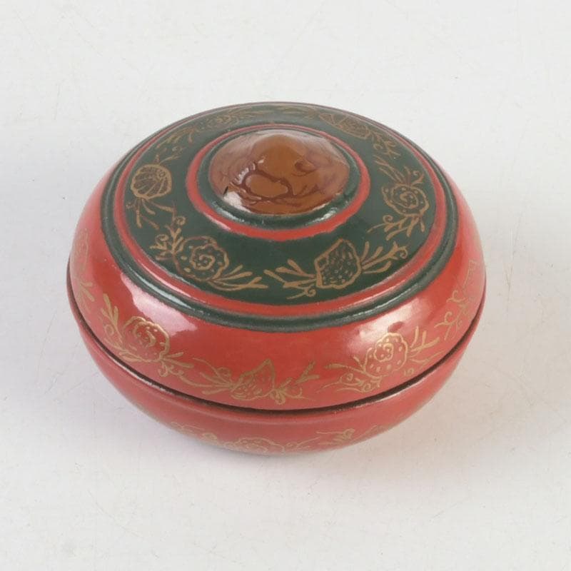 茶道具　朱塗　貝蒔絵　香合　仕覆付　朱書花押あり　V　9854