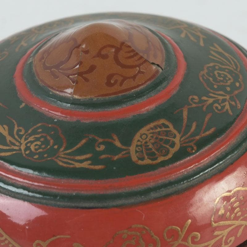 茶道具　朱塗　貝蒔絵　香合　仕覆付　朱書花押あり　V　9854