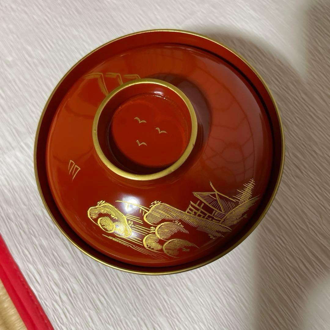 赤い漆器金彩蓋付き椀 5個セット紙箱付き