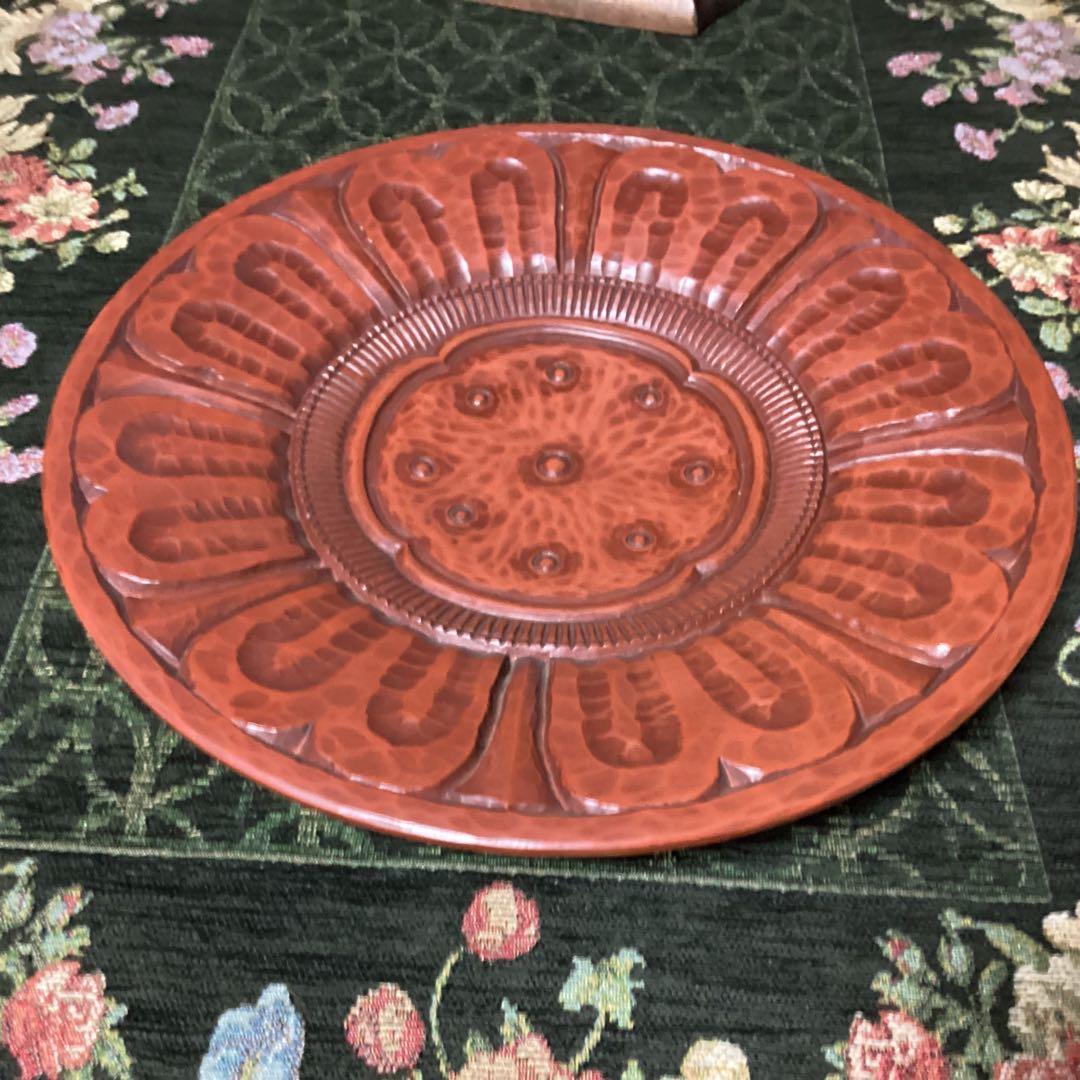 希少 鎌倉彫 博古堂　蓮花瓦紋様大皿　洗朱