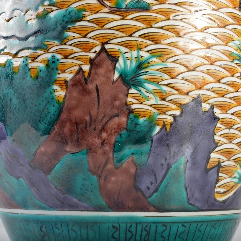 九谷焼　三代三ツ井為吉作　色絵山水紋　花生　共布共箱　M　R6752B