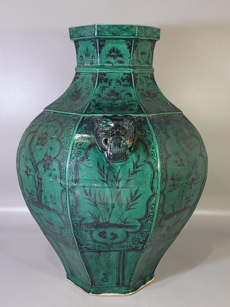 古い 中国 緑釉 獣耳 六角 瓶 高さ 39.5ｃｍ DT621