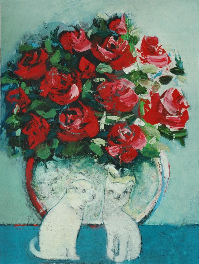 油絵 菅家令子 絵 絵画インテリア額付(青緑＋金色の枠)uF6-070619猫犬