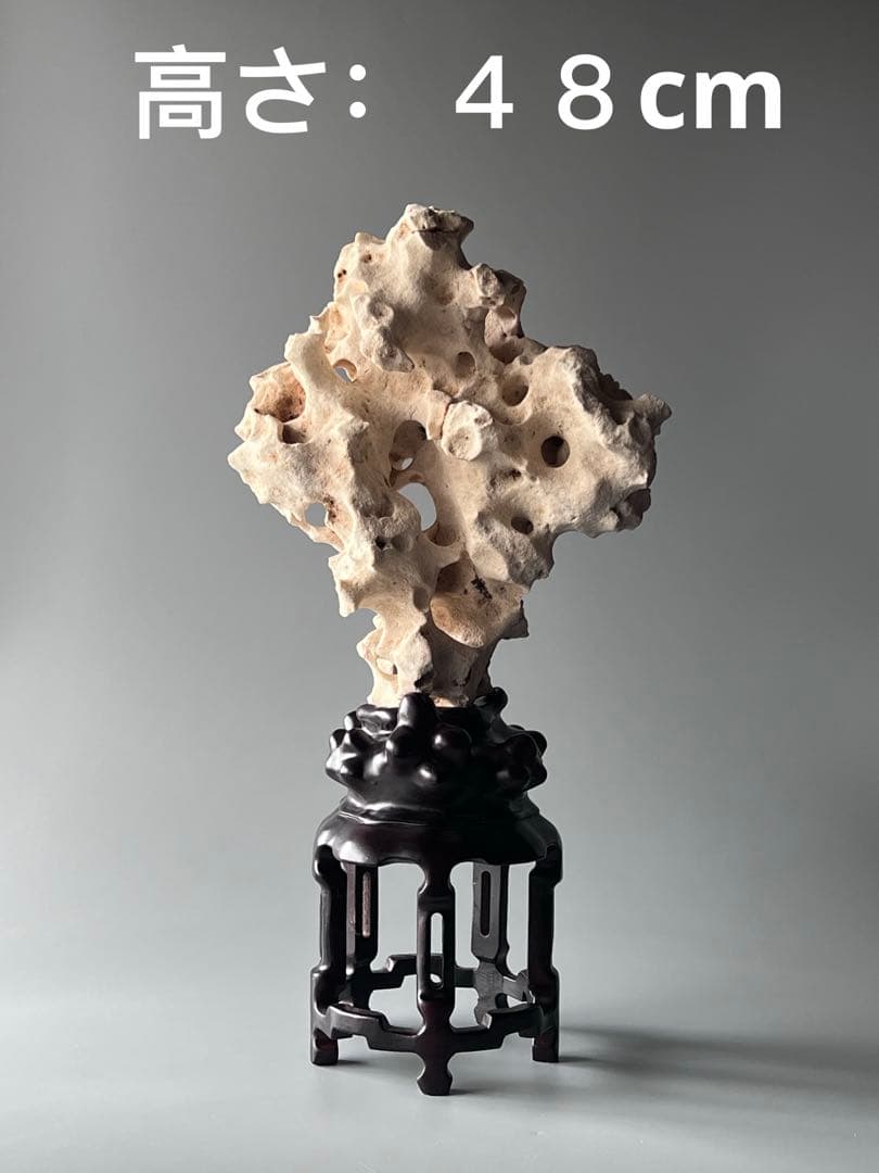 「星漢」　天然石　鑑賞石　飾り石　中国美術　置物　太湖石　台座付き　インテリア