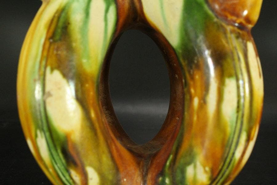 中国美術 唐三彩 双龍耳 鶏頭 瓶 高30cm 希少(LC242)