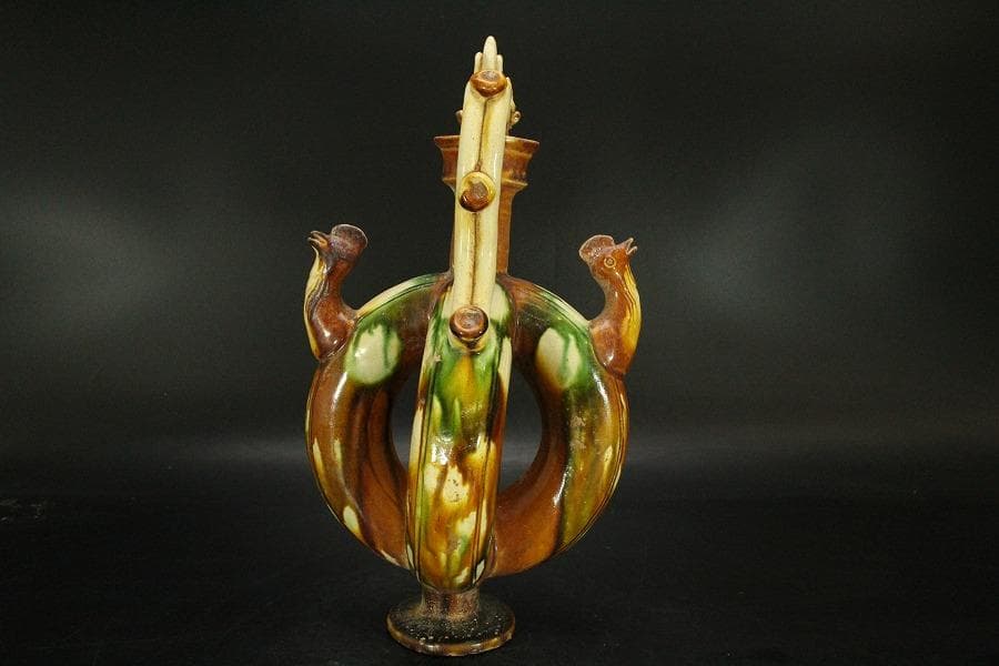 中国美術 唐三彩 双龍耳 鶏頭 瓶 高30cm 希少(LC242)