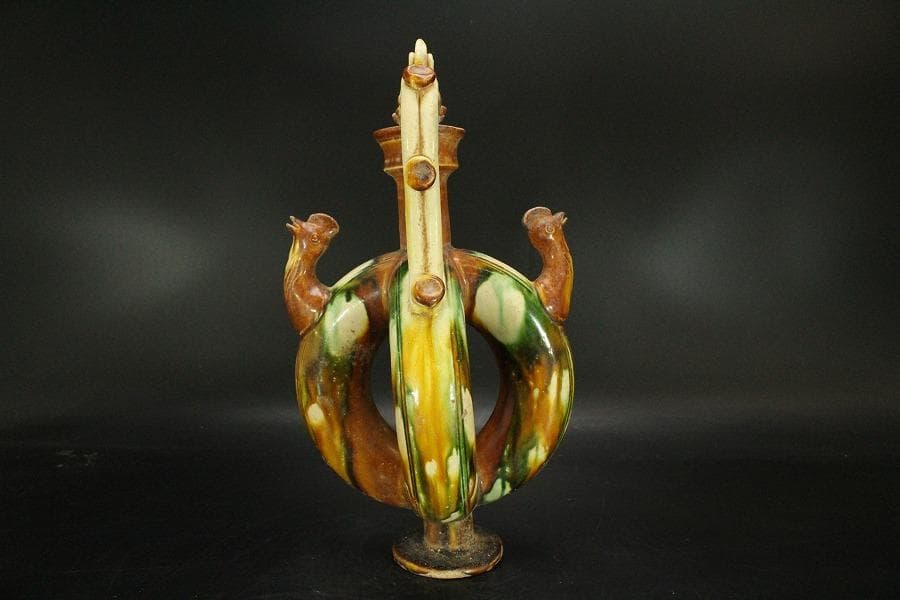 中国美術 唐三彩 双龍耳 鶏頭 瓶 高30cm 希少(LC242)
