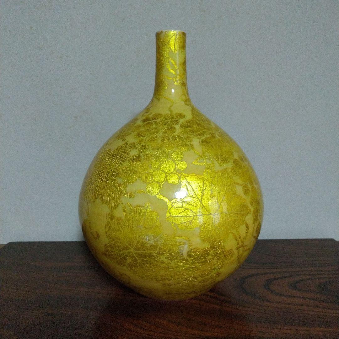 小野珀子　高さ約32cm　美術館級　釉裏金彩花壷 (葡萄図絵柄大花瓶)　桐共箱