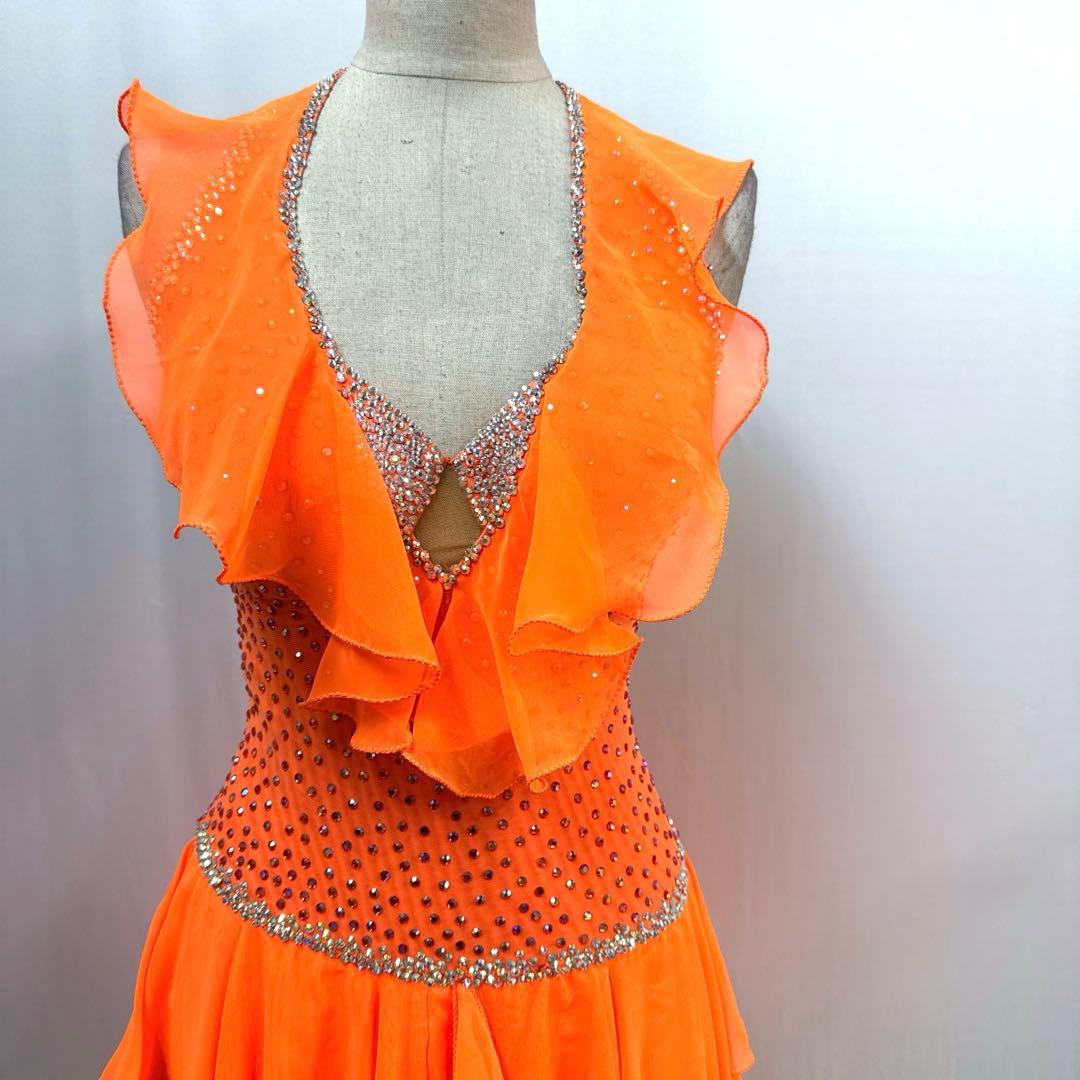 Y5931★S ネオンオレンジ スワロミックス ラテンドレス 社交ダンス