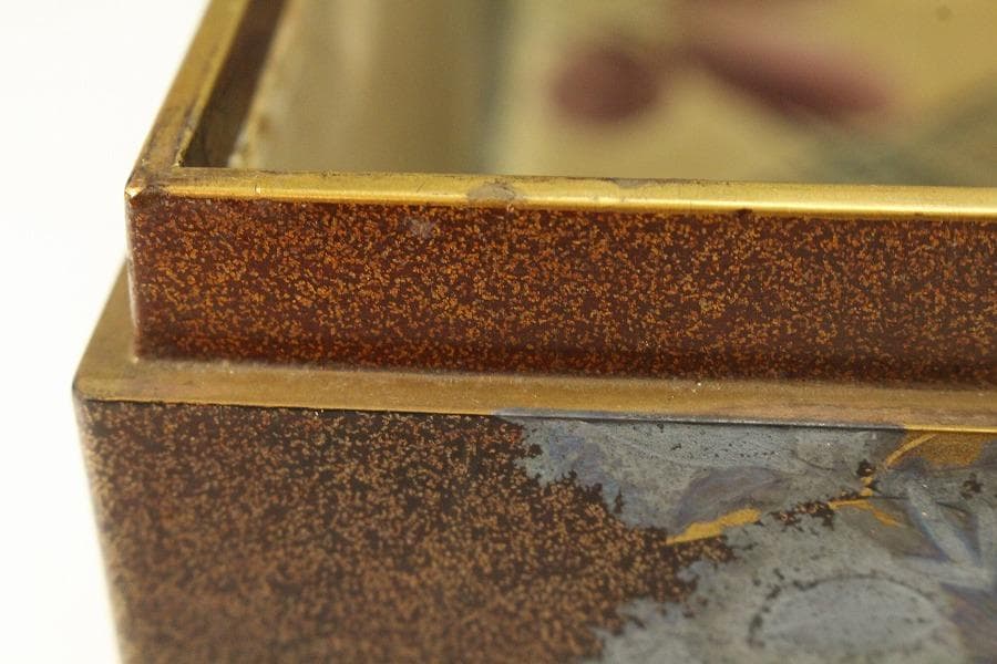 名品 岩庭草花蒔絵 時代 文箱 内 刺繍貼 美品(K-YC576)