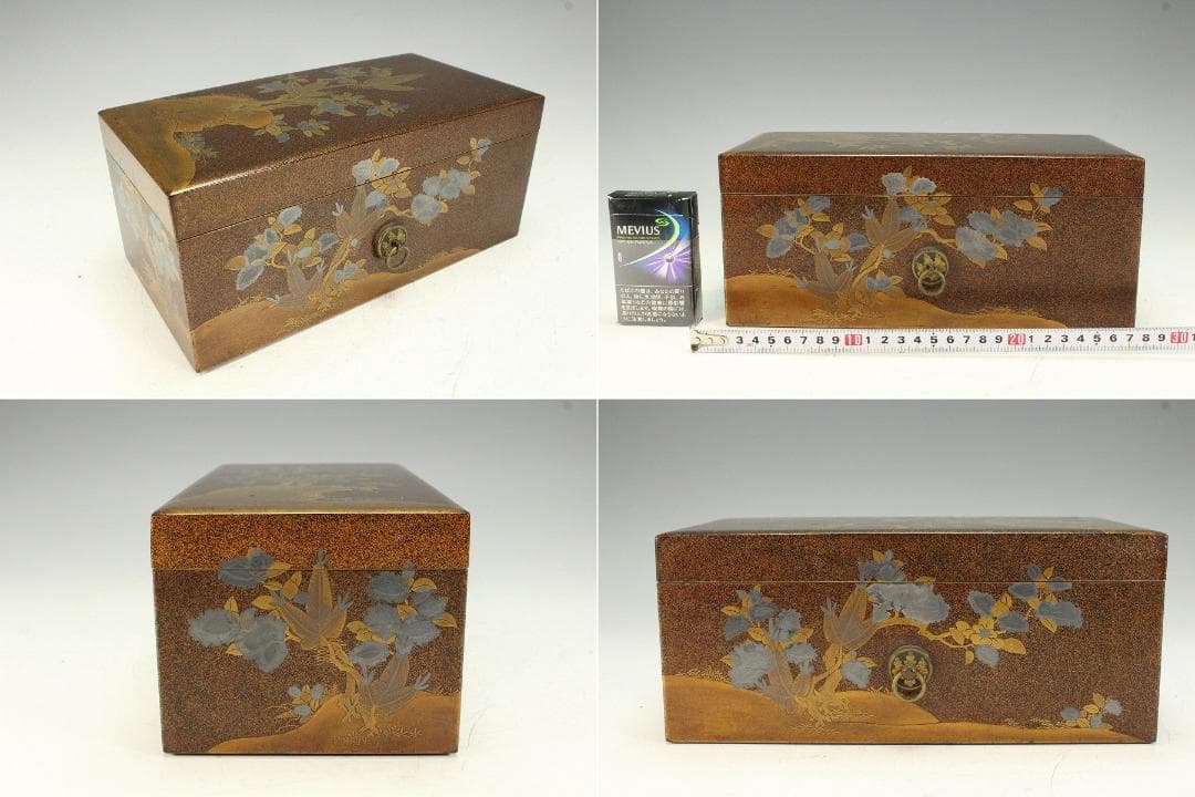 名品 岩庭草花蒔絵 時代 文箱 内 刺繍貼 美品(K-YC576)