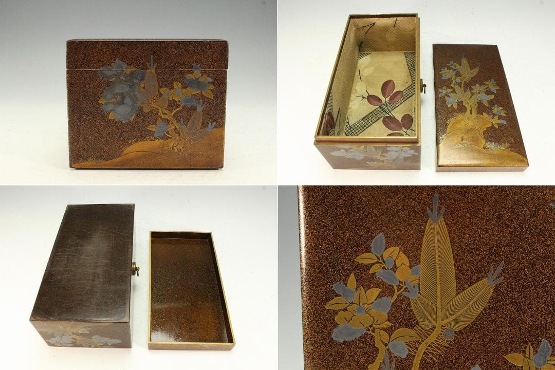 名品 岩庭草花蒔絵 時代 文箱 内 刺繍貼 美品(K-YC576)
