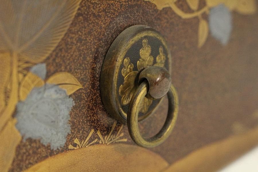 名品 岩庭草花蒔絵 時代 文箱 内 刺繍貼 美品(K-YC576)