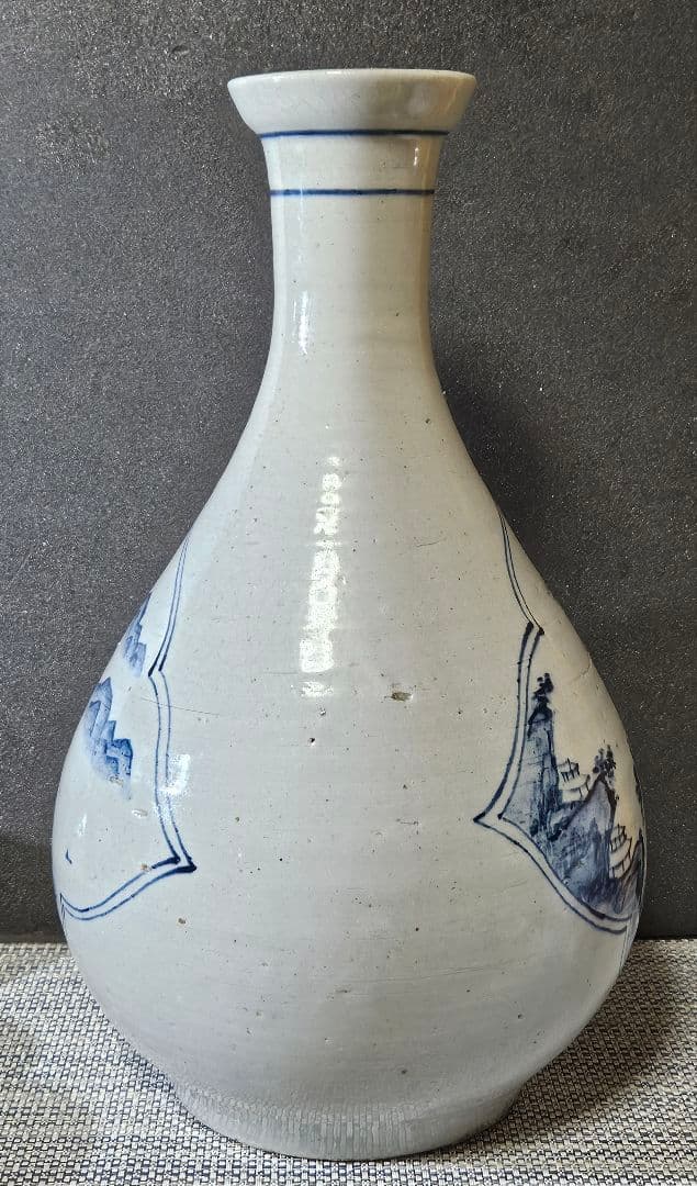 李朝　青華　染付　楼閣山水人物図　大瓶 大壺　高 約37.2cm　韓国古美術
