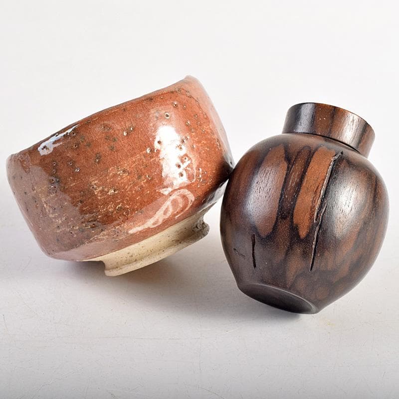 茶道具　時代　桐木地　茶箱　赤楽茶碗　黒柿茶壷など　五点　一式　D　R8789