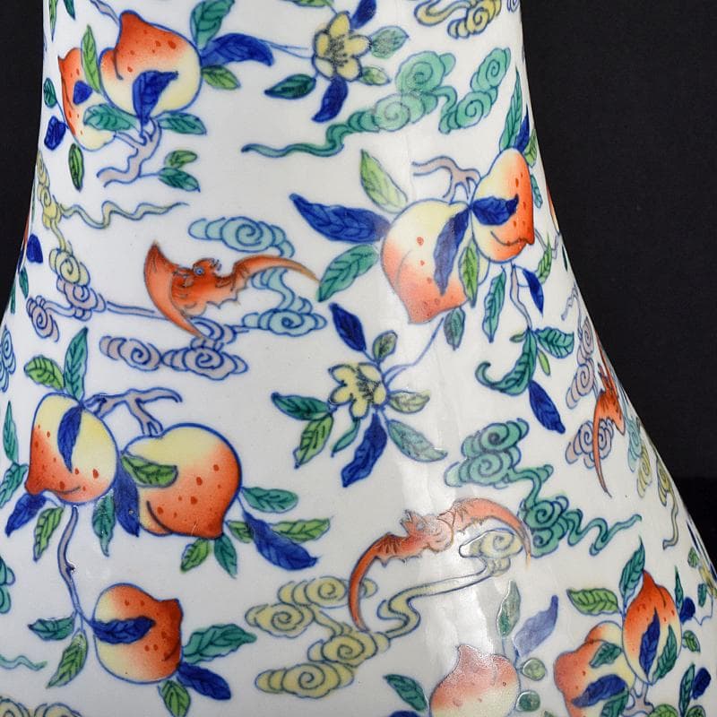 中国　大清雍正年製款　色絵　桃蝙蝠図　花生　時代箱付　M　R7657B