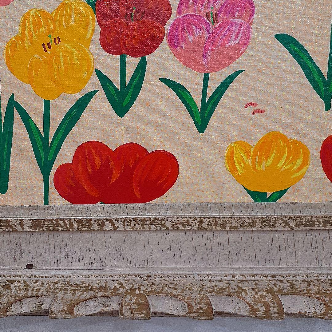 ハッピーチューリップ畑　F10号作品　アンティーク額付き　画家　小楠アキコ作品