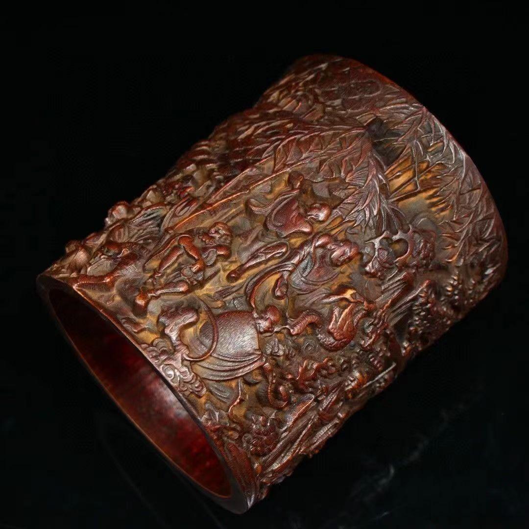 手作り 竹彫り十八羅漢筆箱 文房置物·案頭