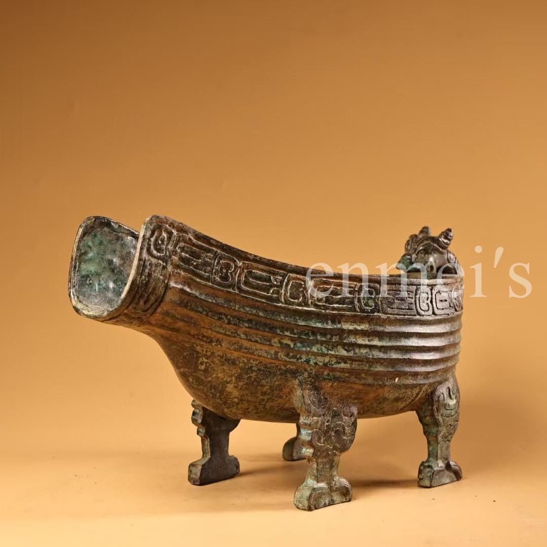 中国古美術・旧蔵青銅酒具・純銅密彫・純手作り・高浮彫・置物・酒器・茶道具