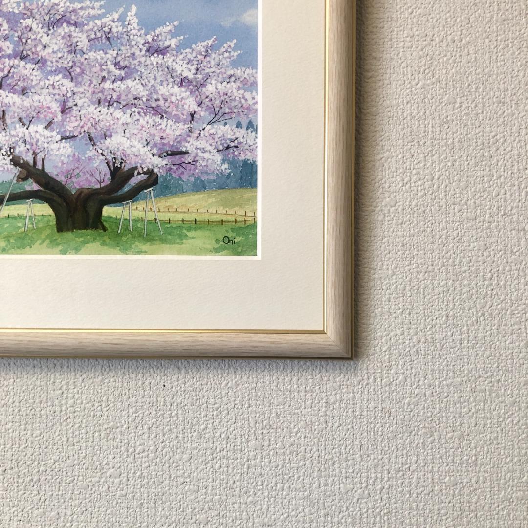 透明水彩画　原画　「根尾谷淡墨桜」額縁付　SMサイズ　風景画