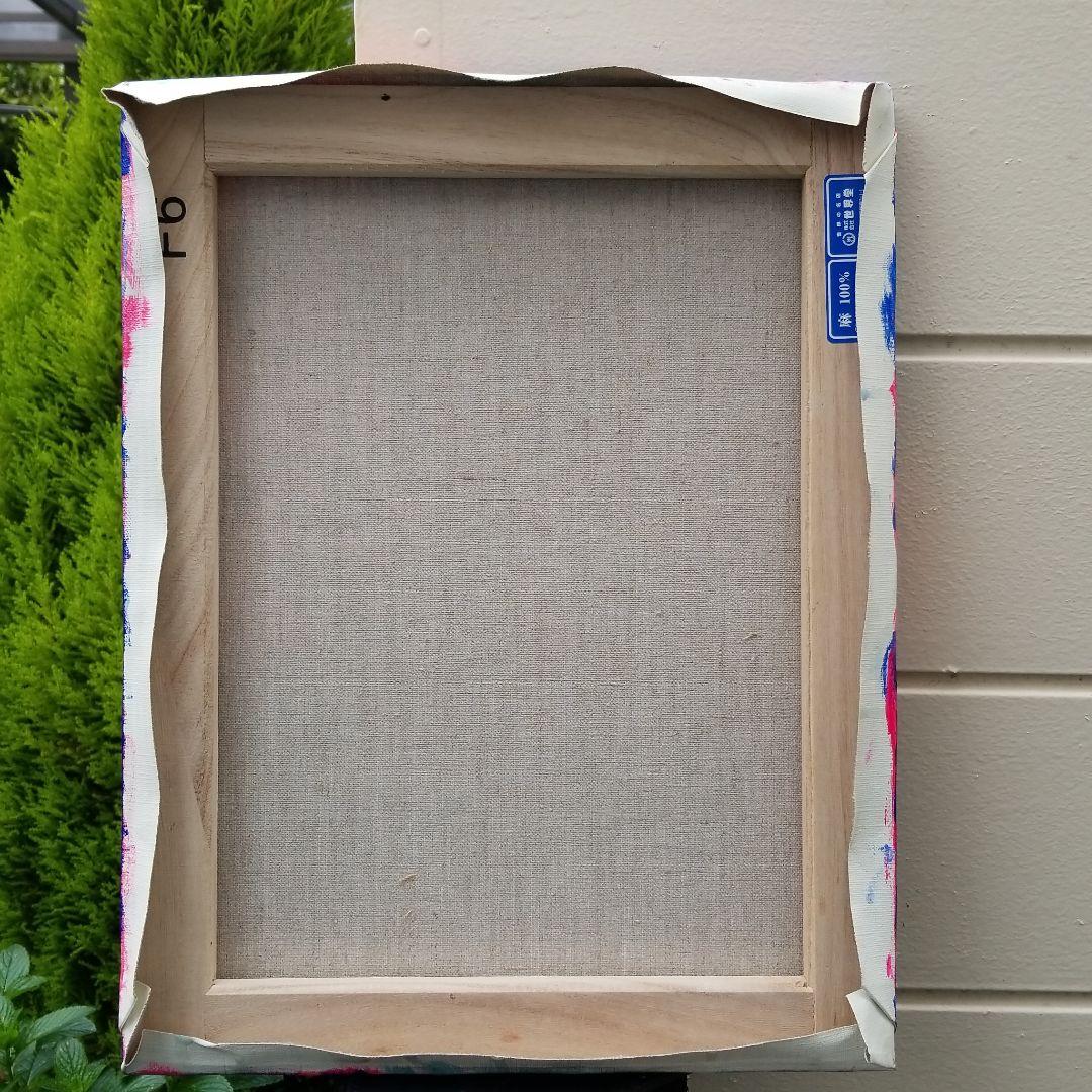 キャンバス油絵　くまちゃん　まるまるとした大きいお花