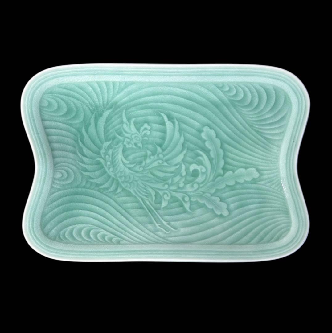 [4枚セット] 青磁 鳳凰 長角皿 在銘 角皿 陽刻 陶器 和食器 料亭 割烹