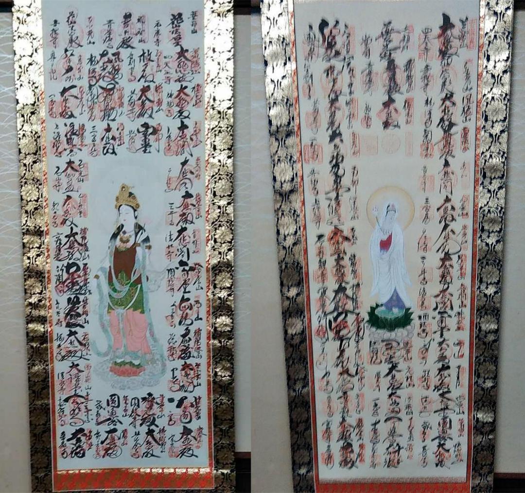 掛軸 2本セット『西国三十三ヶ所霊場御朱印』絹本 共箱付 掛け軸 m448867